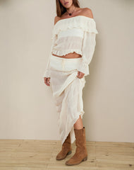 Kalena Long Sleeve Bardot Top in Chiffon Plisse Ivory