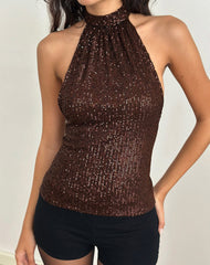 Beyi Halter Top in Drape Sequin Brown