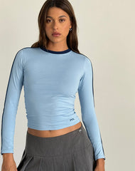 Bonija Long Sleeve Top in Nantucket Blue with Navy Piping and M Embroidery