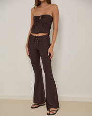 Dan Tie Front Flared Trousers in Broderie Brown