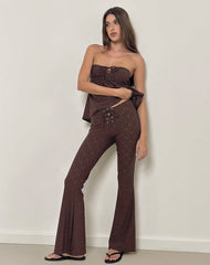 Dan Tie Front Flared Trousers in Broderie Brown