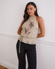 Brienne Top in Light Gold Shimmer with Slim Flower Print