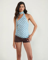 Briva Neck Tie Top in Blurred Check Blue