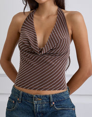 Bujou Cowl Top in Diagonal Stripe Flocked Brown and Cream