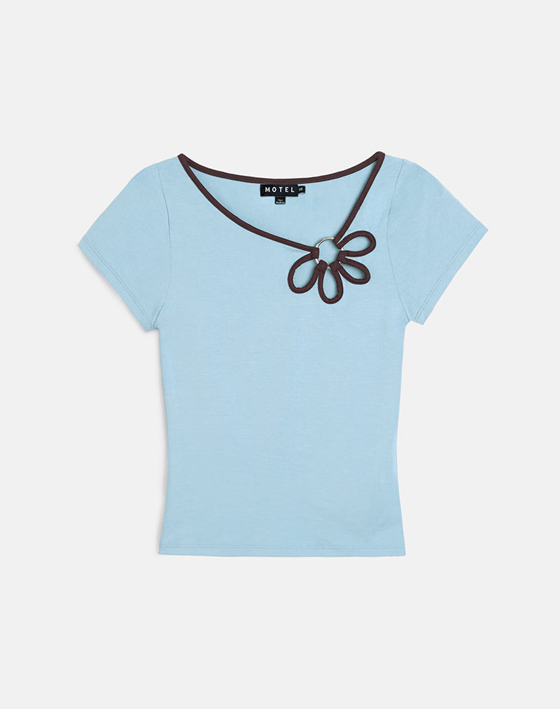 Bunga Flower Cut Out Top in Nantucket Blue with Chocolate Binding