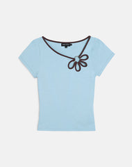 Bunga Flower Cut Out Top in Nantucket Blue with Chocolate Binding