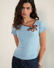 Bunga Flower Cut Out Top in Nantucket Blue with Chocolate Binding