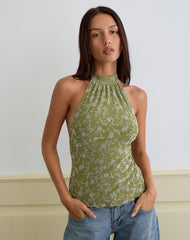 Burkie Halterneck Top in Pretty Petal Flock Olive