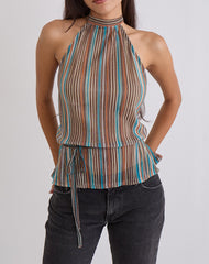 Brienne Top in Blue and Brown Shimmer Sheer Plisse