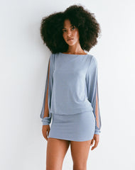 Carola Cut Out Arms Mini Dress in Shimmer Blue