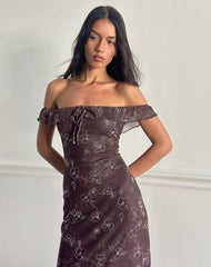 Catrin Midi Dress in Doodle Flower Flock Brown