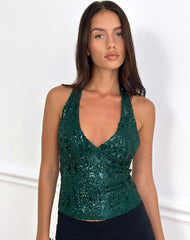 Cosio Halter Top in Mix Sequin Dark Green
