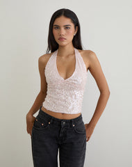 Cosio Halter Top in Sequin Baby Pink