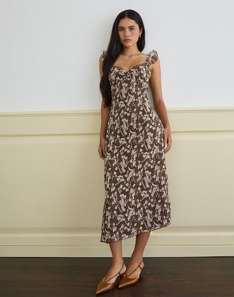 Daita Midi Dress in Chiffon Polka Flower Brown