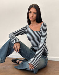 Dalene Asymmetric Long Sleeve Top in Grey and Black Stripe