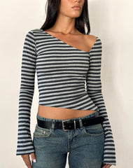 Dalene Asymmetric Long Sleeve Top in Grey and Black Stripe