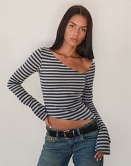 Dalene Asymmetric Long Sleeve Top in Grey and Black Stripe