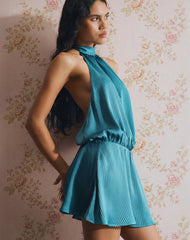 Davina Mini Dress in Stripe Satin Teal