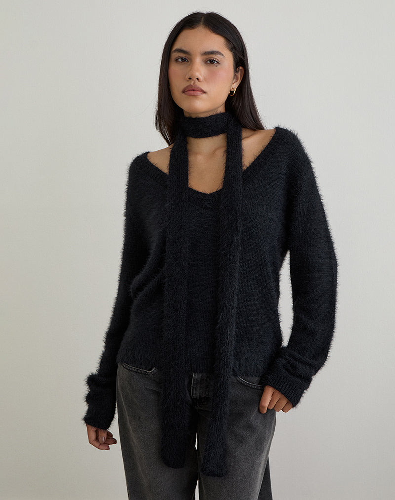 Dikara Jumper with Scarf in Knit Black