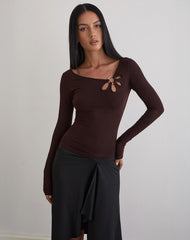 Donela Long Sleeve Top with Flower Ring in Bitter Chocolate