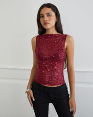 Dudley Vest Top in Sequin Knit Burgundy