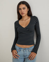Dulcet Ribbed Plunge Top in Classic Striped Navy and Grey