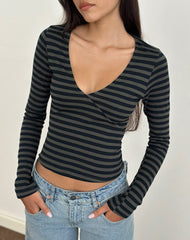 Dulcet Ribbed Plunge Top in Classic Striped Navy and Grey