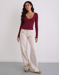 Dulcet Ribbed Plunge Long Sleeve Top in Burgundy