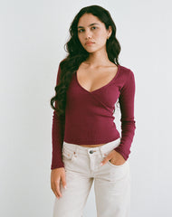 Dulcet Ribbed Plunge Long Sleeve Top in Burgundy