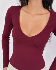 Dulcet Ribbed Plunge Long Sleeve Top in Burgundy
