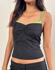 Elsa Top in Pinstripe Black with Green