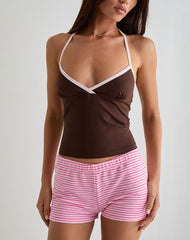 Elspe Halter Top in Bitter Chocolate with Light Pink Binding