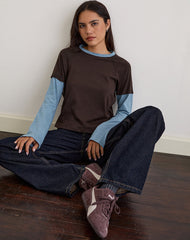 Enid Layered T-Shirt in Chocolate Brown and Light Blue