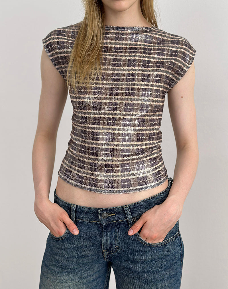 Erica Top in Sequin Vintage Check Brown