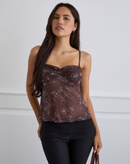 Fierza Cami Top in Doodle Flower Flock Brown