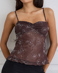 Fierza Cami Top in Doodle Flower Flock Brown