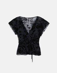 Giuliana Wrap Top in Flock Leaf Flower Black