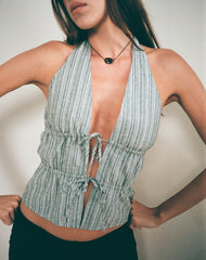 Hassna Double Tie Front Top in Green and White