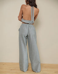 Wasic Wide Leg Trouser in Green and White Stripe