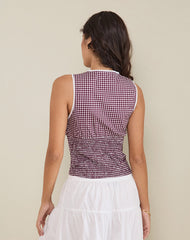 Hevalis Plunge Top in Mini Gingham Wine