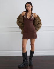 Hepzhi Mini Dress in Bitter Chocolate with Floral Embroidery