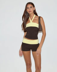 Inrida Halterneck Top in Chocolate Brown and Lemon