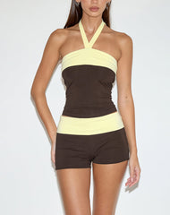 Sea Foldover Short in Chocolate Brown and Lemon