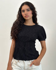 Jaina Puff Sleeve Top in Textured Black