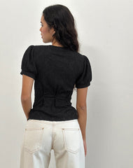 Jaina Puff Sleeve Top in Textured Black