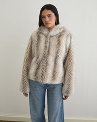 Jemi Hooded Cropped Faux Fur Jacket in Cream