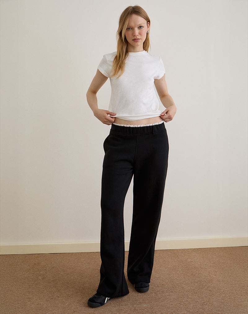 Jenita Loose Jogger in Black with White Picot Trim