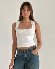 Jinila Top in Off White with Bow and Lace Trim