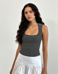 Jinsu Top in Black and White Stripe with Picot Trim