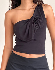 Jovie One Shoulder Slinky Bow Top in Black